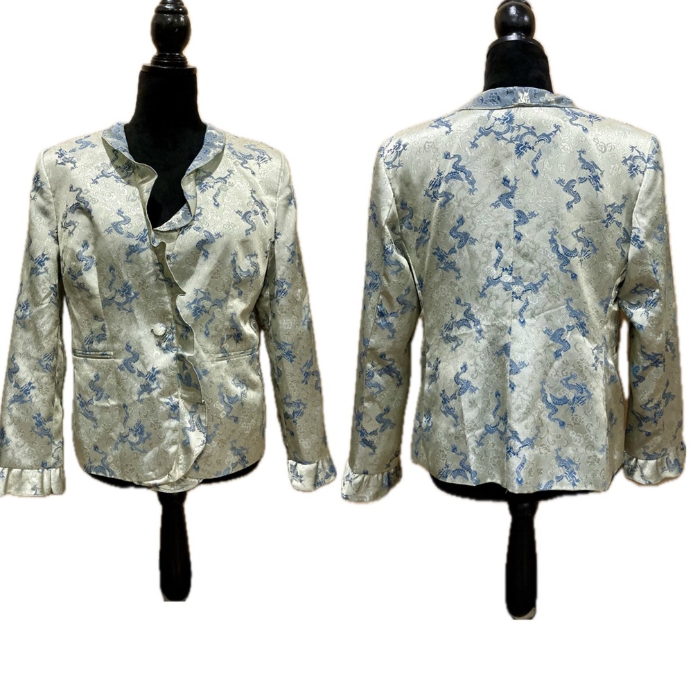 Women's Dragon & Rose Jacket Ruffle Edges Button Front Y2K Style Light Green